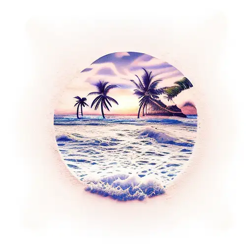A serene and picturesque tattoo of a beach sunset, with palm trees and waves crashing in the background tattoo design idea
