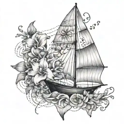 An intricate design of a sailboat intertwined with snapdragon gladiolus flowers tattoo design idea