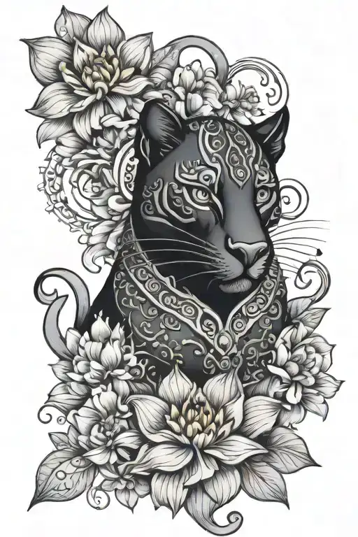 black evil panther head in lotus flowers with curls mandala pendant tattoo design idea