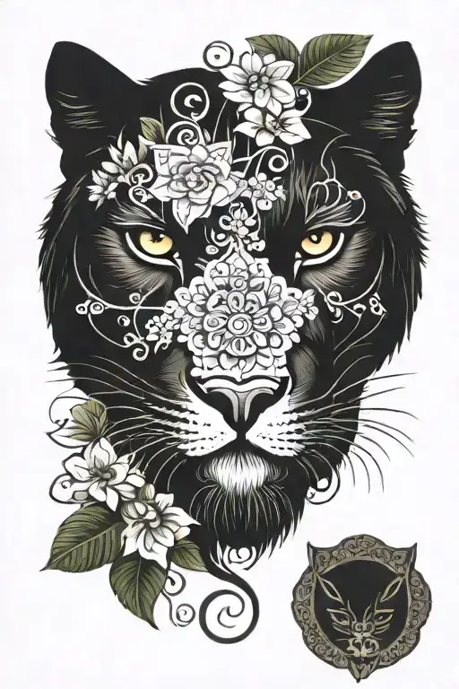 black evil panther head in lotus flowers with swirls mandala pendant tattoo design idea