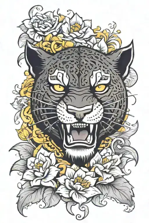 the head of a black evil panther in lotus flowers with curls with yellow eyes and a grin tattoo design idea