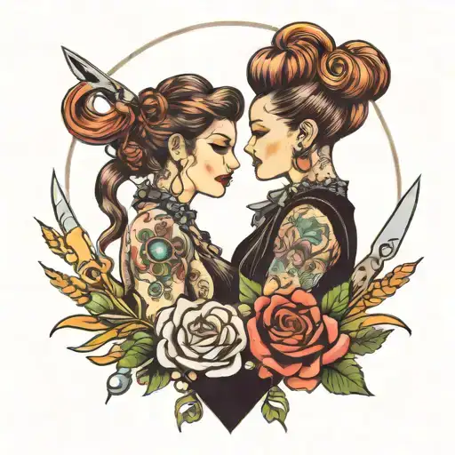 mother daughter hairstylist holding scissors tattoo design idea