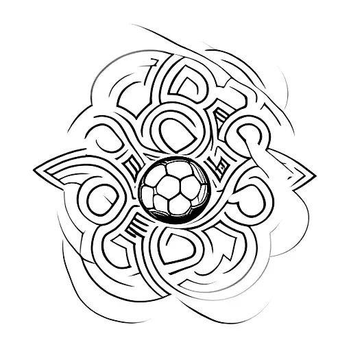 Design a traditional tattoo showcasing the passion for soccer and music, with a soccer ball and a music keyboard intertwined tattoo design idea