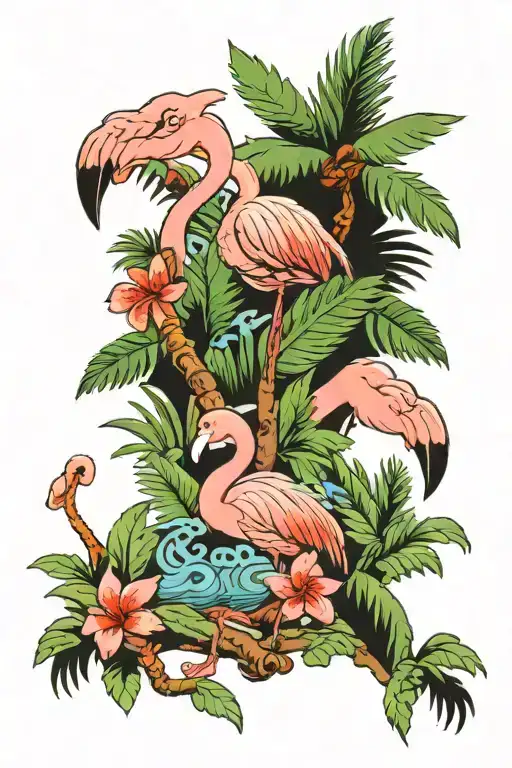 Colourfull, flamingos, green palm trees, Street Fighter II videogame tattoo design idea