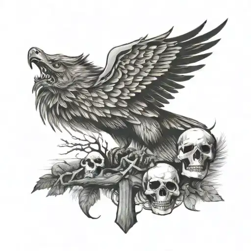 tree, wolf, eagle , cross, skull tattoo design idea