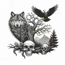 tree, wolf, eagle , cross, skull tattoo design idea