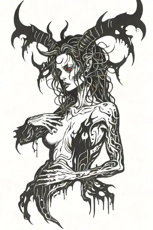 Sexy Nude Black silhouette Woman standing with Horns, torn demonic wings, extremely long nails, and dripping in blood. tattoo design idea
