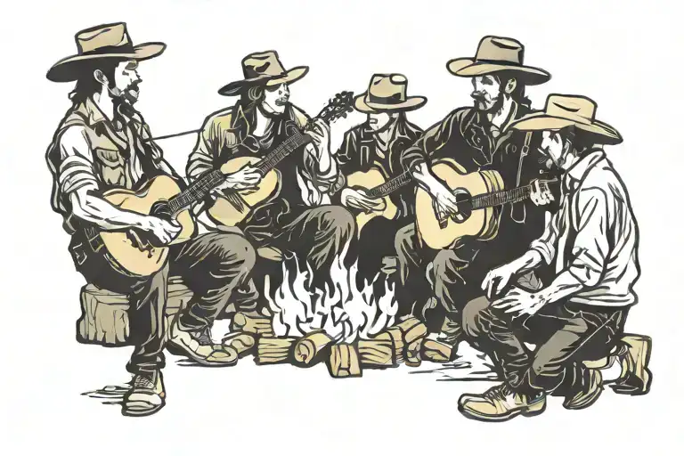 cowboys sat around campfire with guitar tattoo design idea