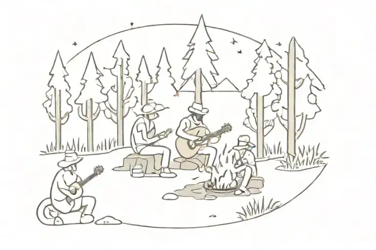 cowboys sat around trees and campfire with one guitar hand poke tattoo design idea