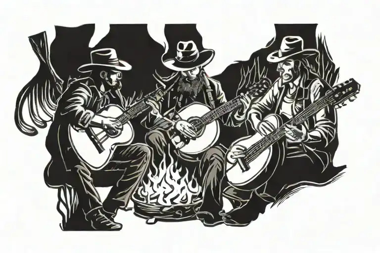 cowboys sitting around campfire with guitars and fiddles tattoo design idea