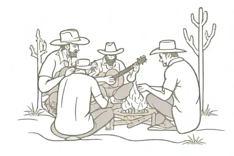 cowboys sat around campfire with one guitar hand poke tattoo design idea