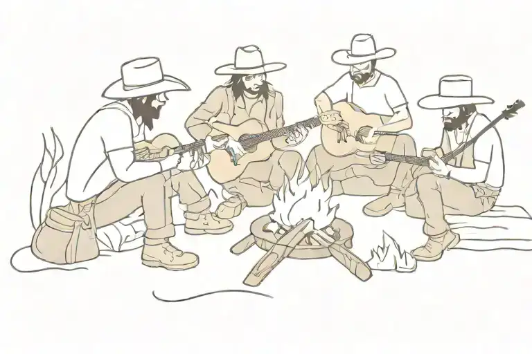 cowboys sat around campfire with guitar tattoo design idea
