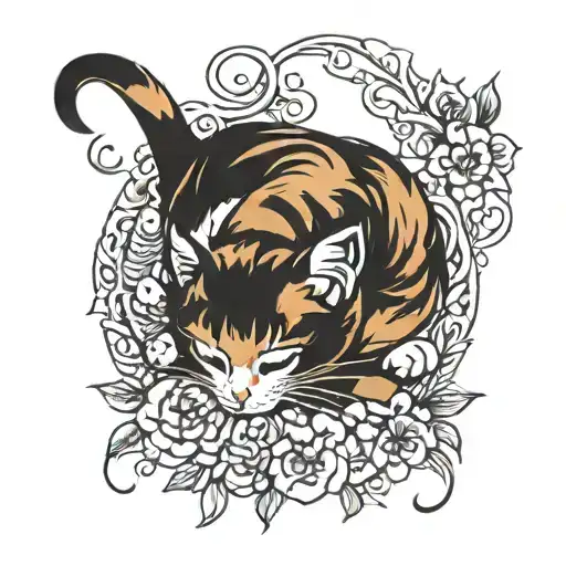 Calico cat sleeping tattoo design idea