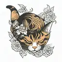 Calico cat sleeping tattoo design idea