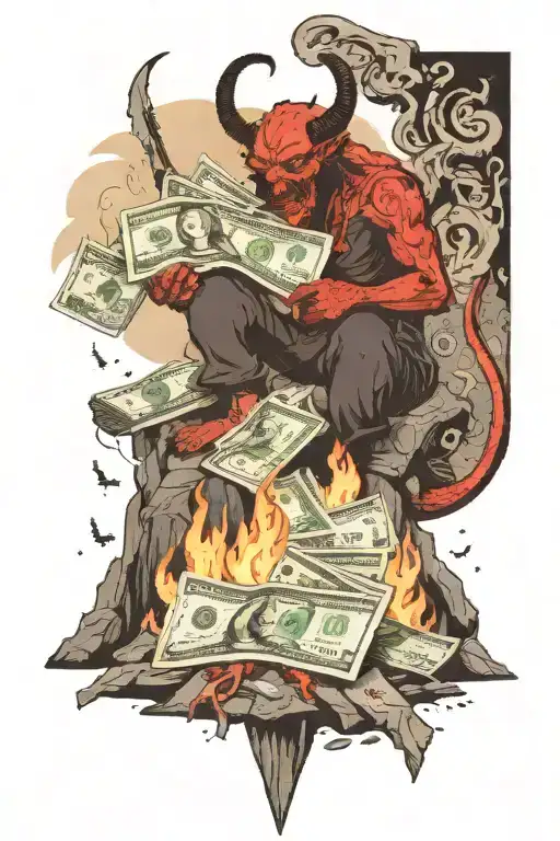 a devil sit on mountain made of $dollars and fire on ground with their weapon, like winner tattoo design idea
