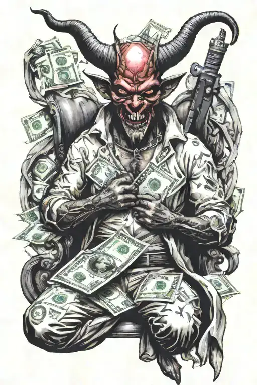 a devil sit on lot of $dollars with their weapon, like winner tattoo design idea