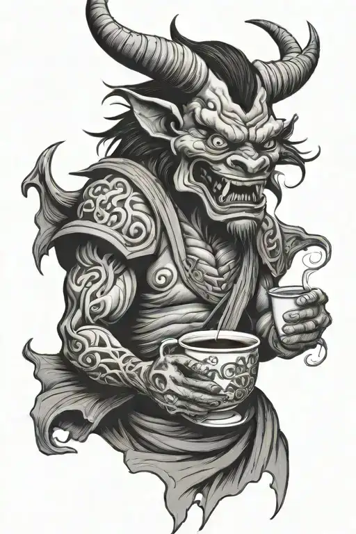 Japanese demon holding a cup of coffee tattoo design idea