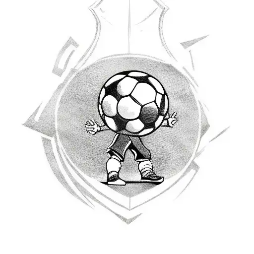 a small boy with a football in his feet and staring at the real madrid logo above his head tattoo design idea