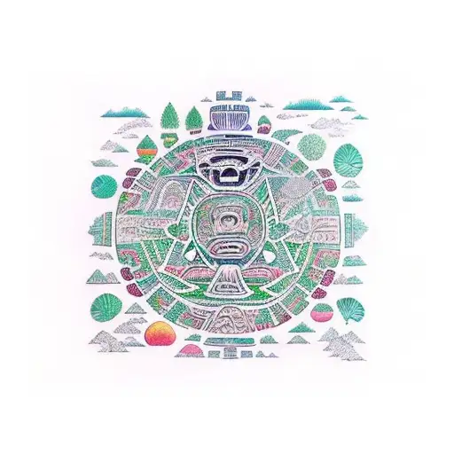 A detailed Mayan calendar surrounded by a forest landscape, representing the connection between nature and time tattoo design idea