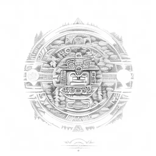 A detailed Mayan calendar surrounded by a forest landscape, representing the connection between nature and time tattoo design idea