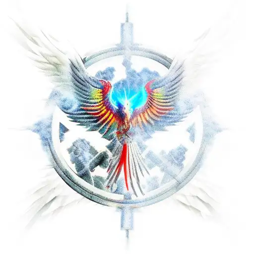 Armored phoenix. Transcendentalism background. observant eye. Aggression, territoriality, love and hate.  tattoo design idea
