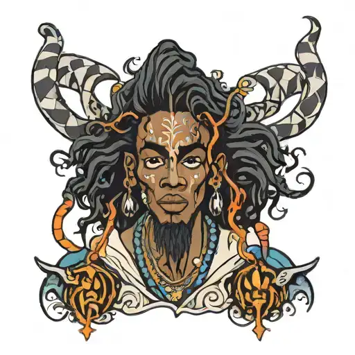 black boy with insanely long hair in jester outfit  tattoo design idea