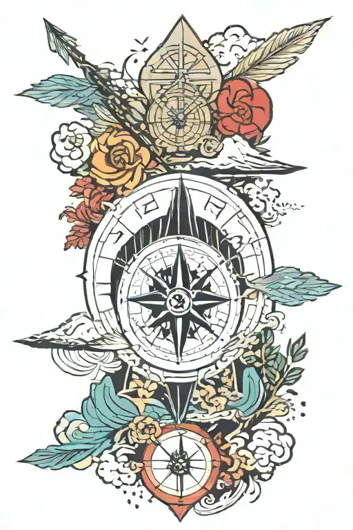 Arrow and compass with island and mountain vibes tattoo design idea