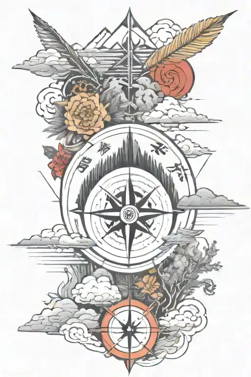 Arrow and compass with island and mountain vibes Japanese clouds in back ground tattoo design idea