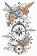 Arrow and compass with island and mountain vibes Japanese clouds in back ground tattoo design idea