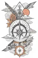 Arrow and compass with island and mountain vibes Japanese clouds in back ground tattoo design idea