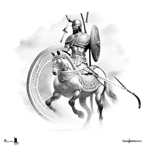 roman warrior on horse with a spear in front of a temple tattoo design idea