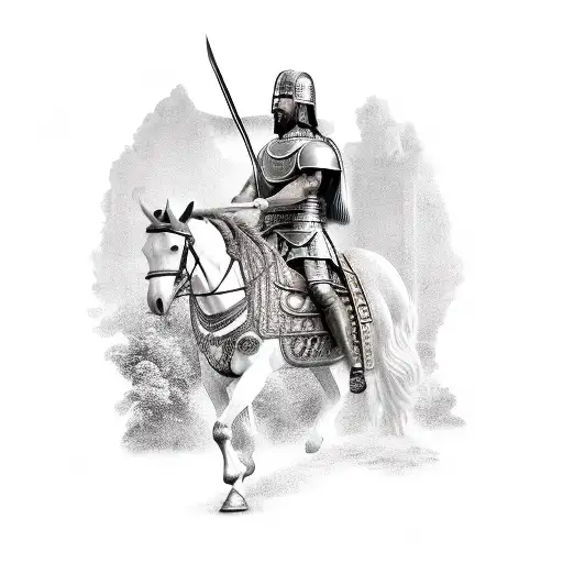 roman warrior on horse with a spear in front of a temple tattoo design idea