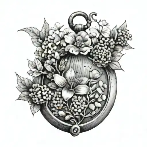 A black-grey tattoo of a locket filled with flower seeds, symbolizing growth and new beginnings tattoo design idea