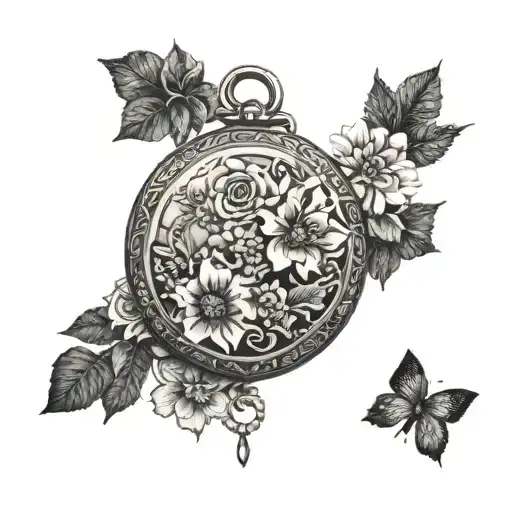 A garden of unique and exotic flowers blooming around a vintage locket tattoo design idea