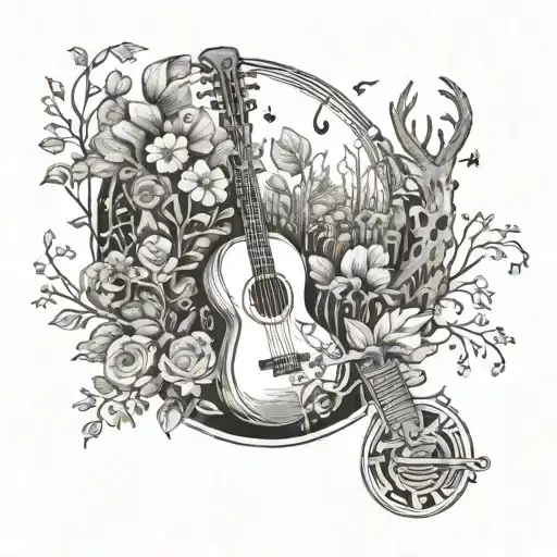 A half-sleeve tattoo of a whimsical forest filled with musical instruments, flowers, and animals tattoo design idea