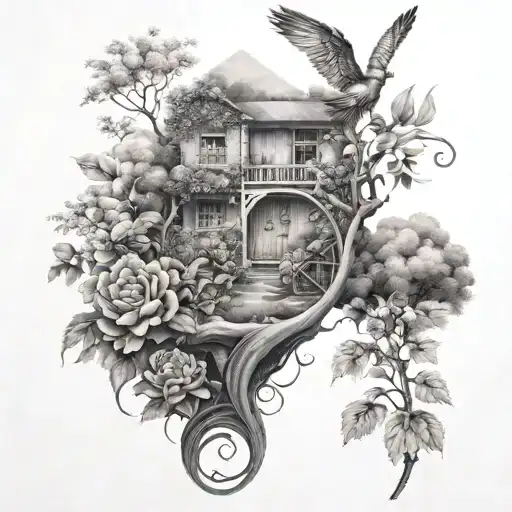 A sleeve tattoo featuring a garden scene with musical elements and animals hidden within tattoo design idea