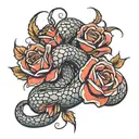 snake coiled red roses thorns  tattoo design idea