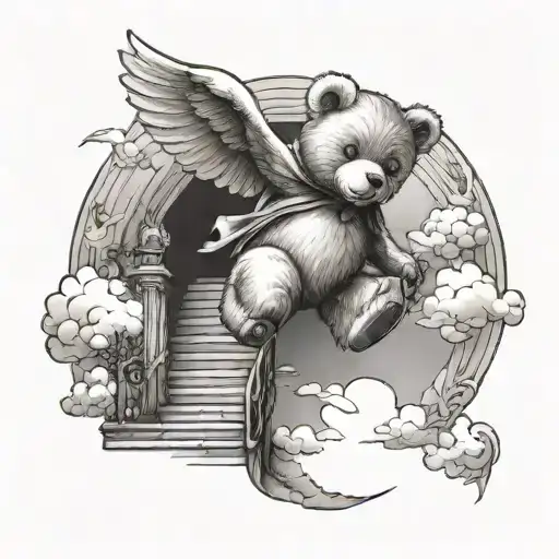 Teddy bear, flying into heaven gates with stairs going into heaven tattoo design idea
