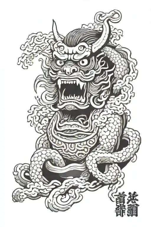  japanese shrine with flowing eyes and the quote "The demon of Babylon disguises himself with the coat of the righteous" tattoo design idea