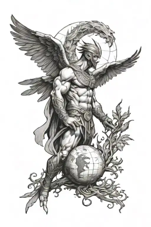 gladiator holding a globe looking at a phoenix flying away from a tree of life tattoo design idea