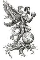 gladiator holding a globe looking at a phoenix flying away from a tree of life tattoo design idea