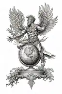 gladiator holding a globe looking at a phoenix flying away from a tree of life tattoo design idea