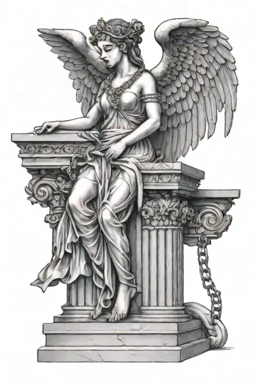 Winged goddess wearing ancient Greek clothes, with her feet chained to the base of the columns between two columns tattoo design idea