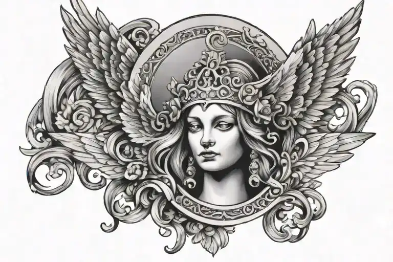 winged headdress figure with a halo of renaissance design around it tattoo design idea
