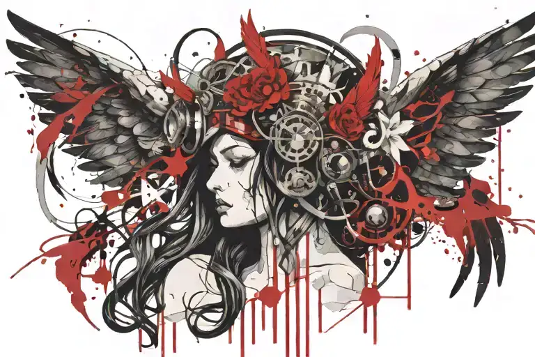 winged headdress figure with a halo of renaissance design around it tattoo design idea