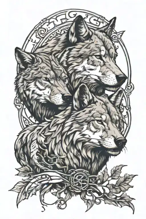 2 wolf a lioness forest and viking protection rune tattoo design idea