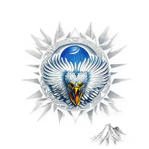 harpi Eagle with Japanese rising Sun over a mountain range tattoo design idea
