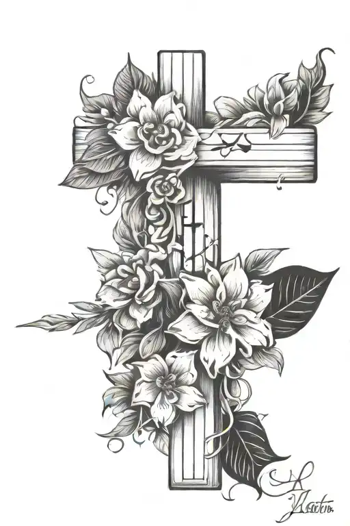 cross wrapped with flowers with todays date in roman numerals  tattoo design idea