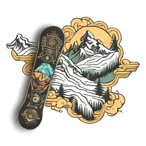 snowboard with mountaine tattoo design idea