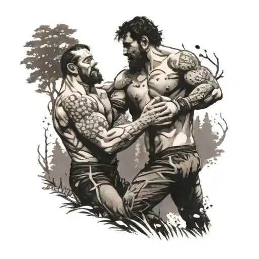 A dotwork tattoo of a fierce wrestling match taking place in a dark forest clearing, capturing the intensity and passion of the sport tattoo design idea